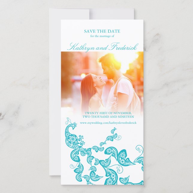 Turquoise Floral Peacock Save the Date Fotokarte (Vorderseite)