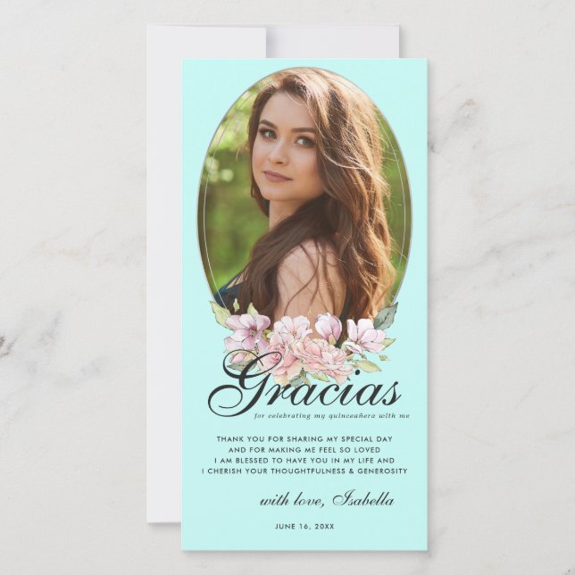 Turquoise Floral Quinceañera Photo Carte de remerc (Devant)