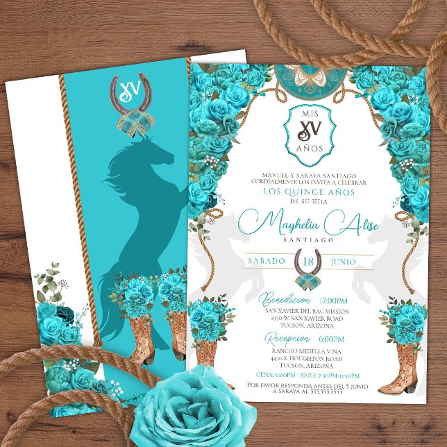 Turquoise Floral Western Charro Ranch Quinceañera Einladung (Von Creator hochgeladen)