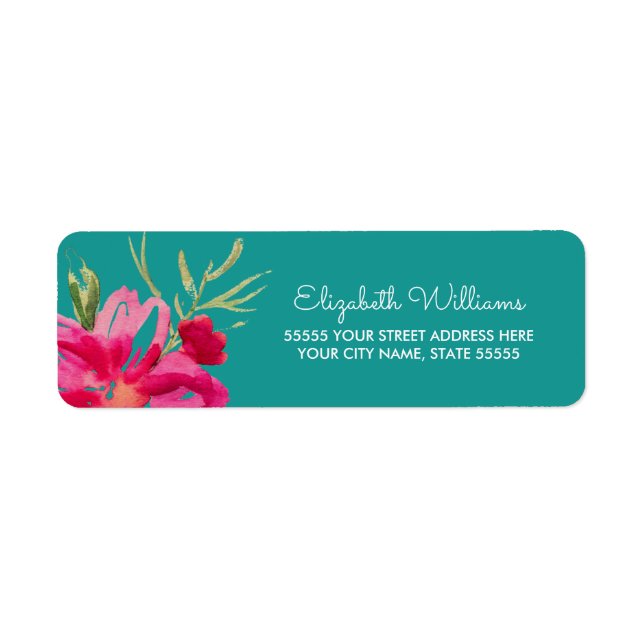 Turquoise Fuchsia Floral Retours Adresse Étiquette (Devant)