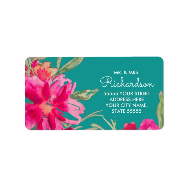 Turquoise Fuchsia Floral Rücksendeadressen-Aufkleb Adressaufkleber (Vorne)
