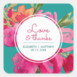 Turquoise Fuchsia Floral Wedding Vielen Dank Quadratischer Aufkleber