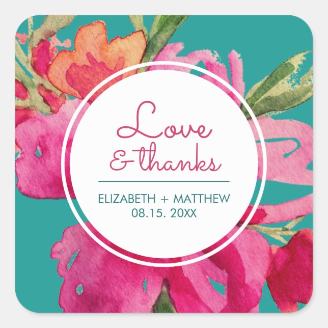 Turquoise Fuchsia Floral Wedding Vielen Dank Quadratischer Aufkleber (Vorderseite)