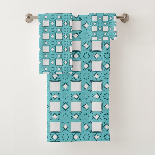 Turquoise geometric-patterned  badhandtuch set (Insitu)