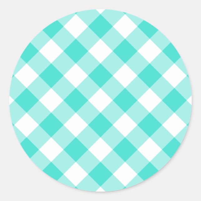 Turquoise Gingham Pattern Runder Aufkleber (Vorderseite)