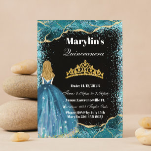 Turquoise Glitzer Princess Quinceañera Ballgown Einladung