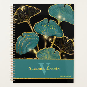 Turquoise Gold Black Ginkgo Leaf Art botanique