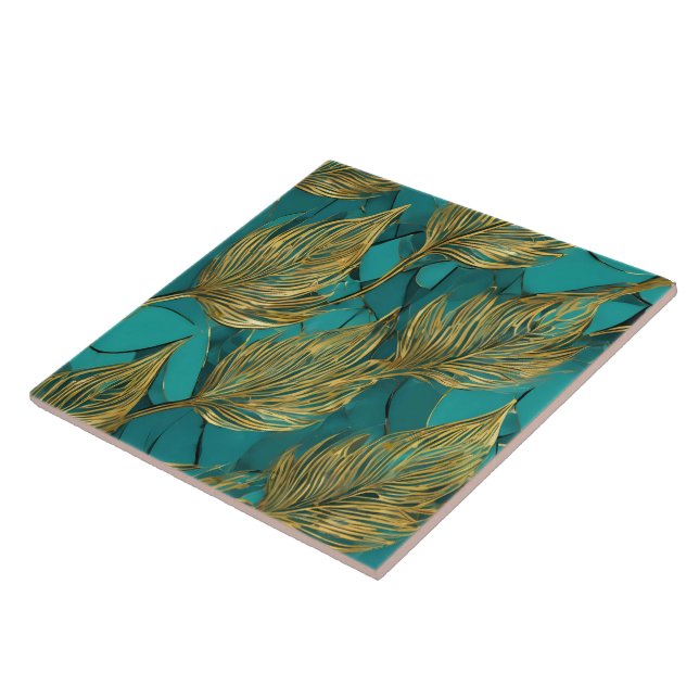 Turquoise Gold Boho Trendy Blätter Collection Fliese (Seite)
