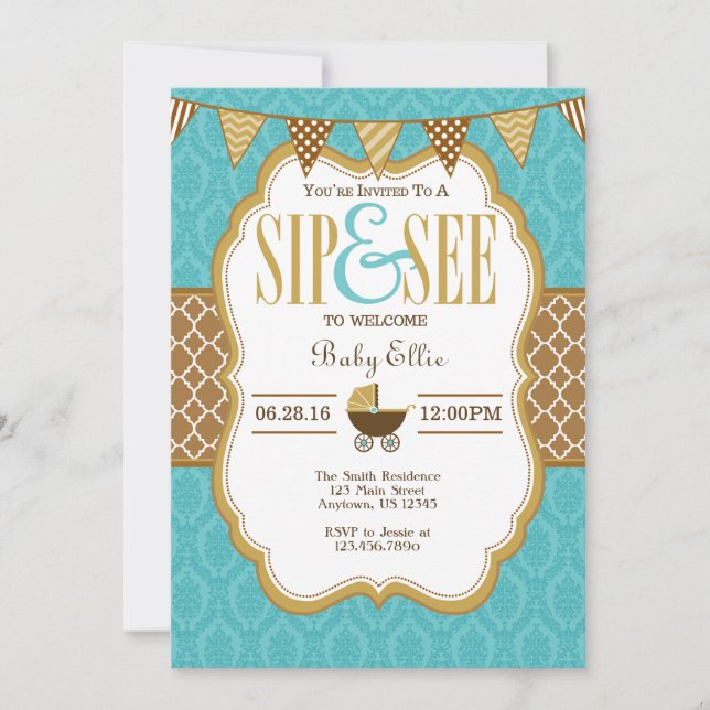 Turquoise Gold Brown Sip Et Voir Invitation (Devant)