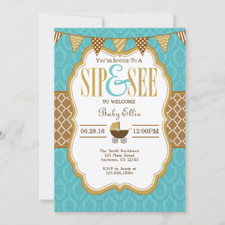 Turquoise Gold Brown Sip Et Voir Invitation
