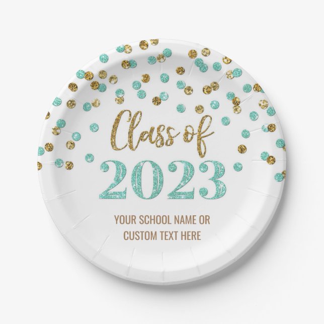 Turquoise Gold Confetti Abschluss 2023 Pappteller (Vorderseite)