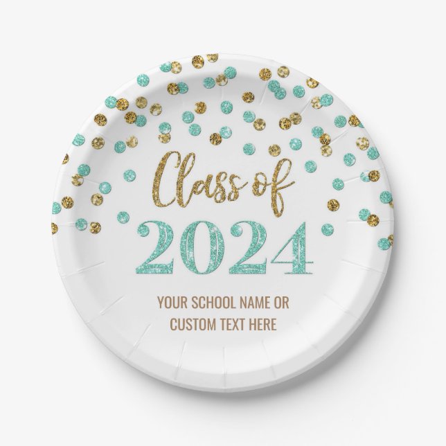 Turquoise Gold Confetti Abschluss 2024 Pappteller (Vorderseite)