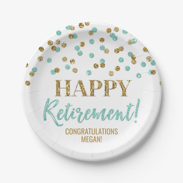 Turquoise Gold Confetti Happy Retirement Pappteller (Vorderseite)