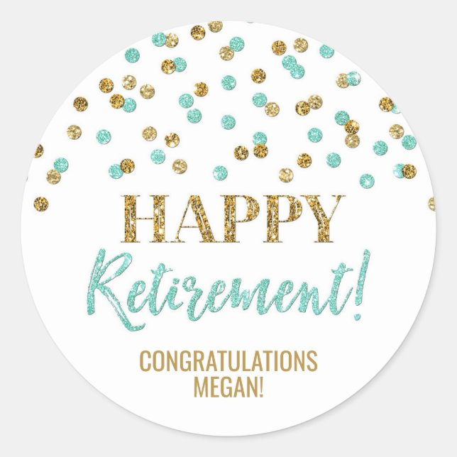 Turquoise Gold Confetti Happy Retirement Runder Aufkleber (Vorderseite)