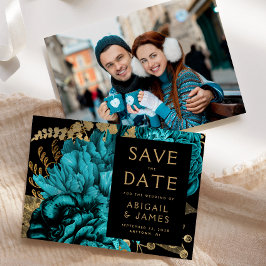 Turquoise Gold Floral Foto Hochzeit speichern das  Einladung