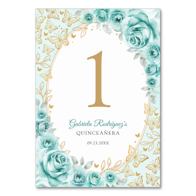 Turquoise Gold Floral Quinceanera Tischnummer (Vorderseite)
