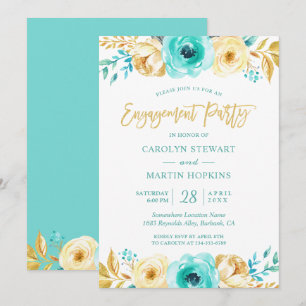 Turquoise Gold Floral Romance Engagement Party Einladung