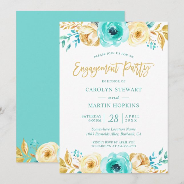 Turquoise Gold Floral Romance Engagement Party Einladung (Vorne/Hinten)