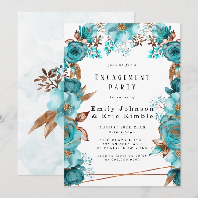 Turquoise Gold Geometric Floral Engagement Party Einladung (Vorne/Hinten)