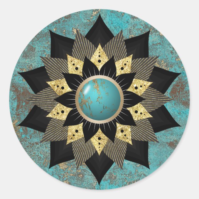 Turquoise & Gold Lotus Blume Mandala Elegante Runder Aufkleber (Vorderseite)