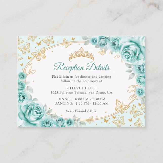 Turquoise Gold Quinceanera Reception Details Begleitkarte (Vorderseite)