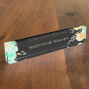 Turquoise Gold Rose   Personalisierter Schreibtisc Namensplakette