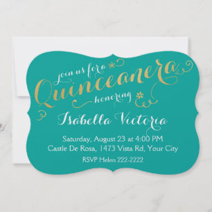 Turquoise & Gold Script Quinceanera Einladung