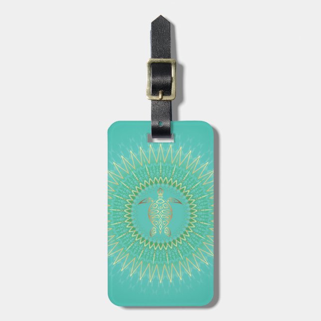 Turquoise Gold Turtle Tribal Animal Mandala Gepäckanhänger (Vorderseite vertikal)