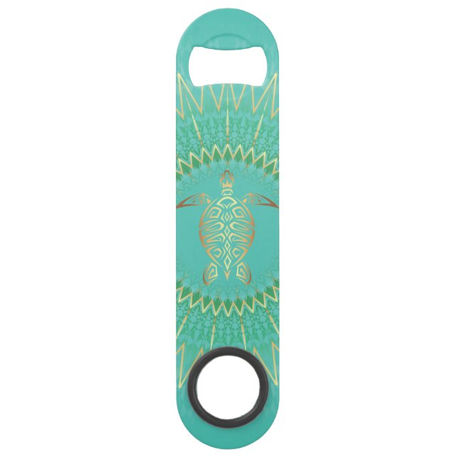 Turquoise Gold Turtle Tribal Animal Mandala Speed Flaschenöffner (Vorderseite)