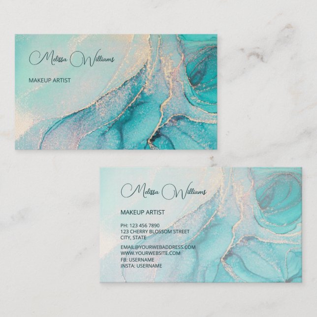 Turquoise Gold Watercolor Business Card Visitenkarte (Vorne/Hinten)