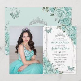 Turquoise Green Floral Butterflies Quinceanera 15  Einladung