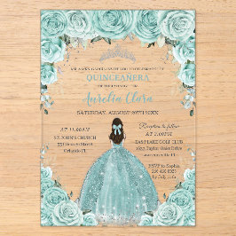 Turquoise Green Floral Princess Silver Quinceañera Acryleinladungen