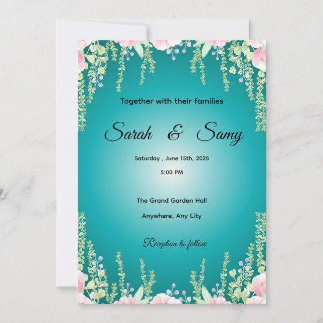 Turquoise Green Floral Wedding Invitation | Elegan (Devant)