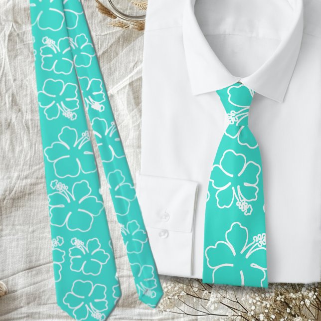 Turquoise Hibiscus Outline Motif Cravate Mariage (Créateur téléchargé)
