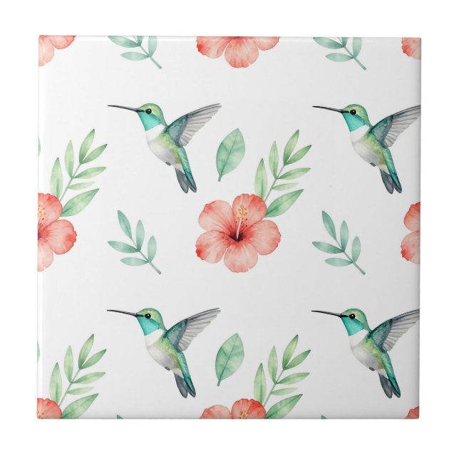 Turquoise Hummingbird Hibiscus Pattern Fliese (Vorderseite)