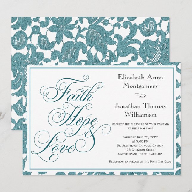 Turquoise Lace Faith Hope & Love Faire-part de mar (Devant / Derrière)