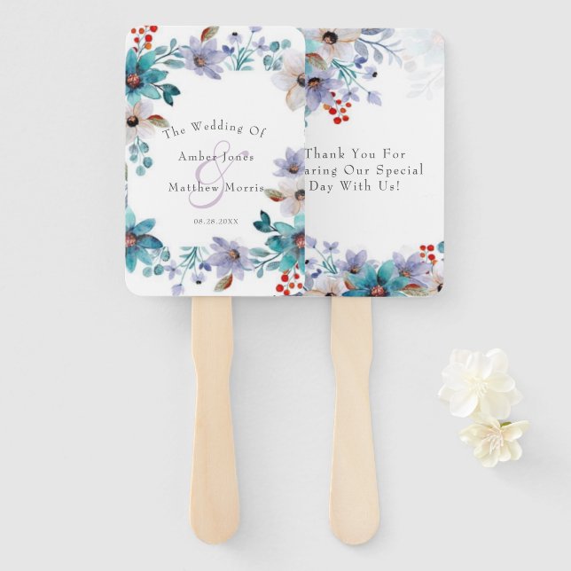 Turquoise Lavender Florals Gastgeschenk Hochzeit Fächer (Vorne und Hinten)
