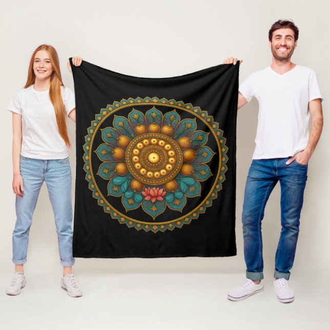 Turquoise Lotus Mandala - Black Boho Graphic Art Fleecedecke (Beispiel)
