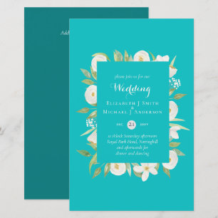 Turquoise Magnolia Floral Budget Hochzeit Einladun