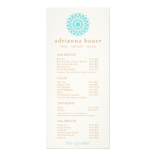 Turquoise Mandala Spa Salon Prix Menu (Devant)
