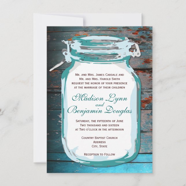 Turquoise Mason Jar Rustic Wood Wedding Invitation (Devant)