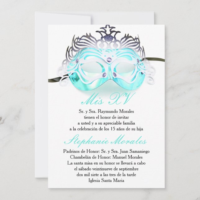Turquoise Masquerade Quinceanera Invitation d'anni (Devant)