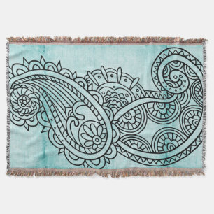 Turquoise Mehndi Motif Throw Blanket Decke