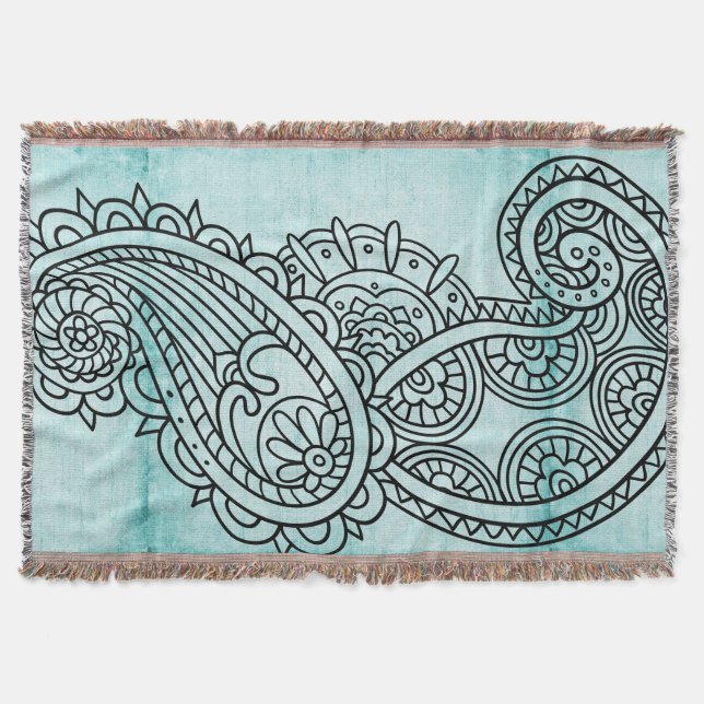 Turquoise Mehndi Motif Throw Blanket Decke (Vorderseite)