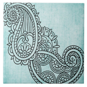 Turquoise Mehndi Motif Tile Fliese