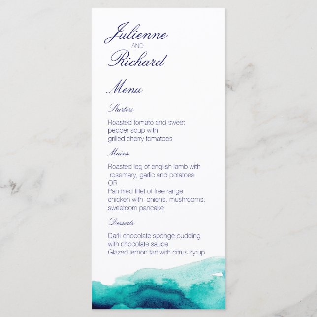 Turquoise Mer Turquoise Aquarelle Menu Mariage (Devant)