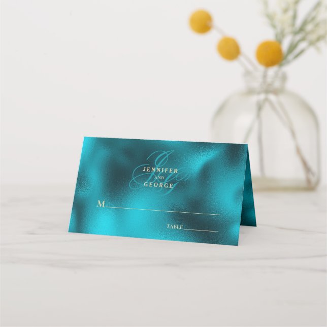 Turquoise metallic monogram initials wedding platzkarte (Vorderseite)