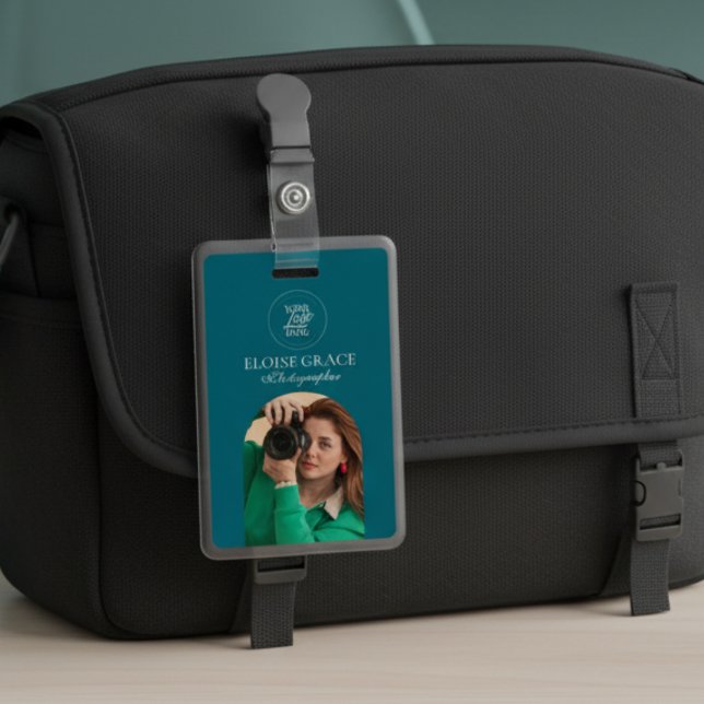 Turquoise Modern Logo Photo Photographer Badge Ausweis (This modern business ID tag features a headshot photo and logo!)