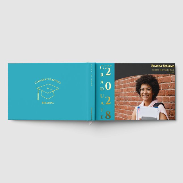 Turquoise Modern Photo Graduation Party Gold  Gästebuch (Voll)