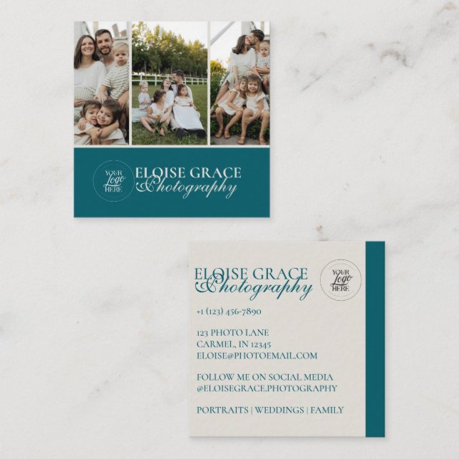 Turquoise Modern Photography 3 Photo Square Quadratische Visitenkarte (Vorne/Hinten)